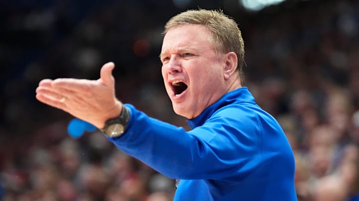 Dec 22, 2024; Lawrence, Kansas, USA; Kansas Jayhawks head coach Bill Self reacts to play against the Brown Bears during the second half at Allen Fieldhouse. Mandatory Credit: Denny Medley-Imagn Images Dec 22, 2024; Lawrence, Kansas, USA; Kansas Jayhawks head coach Bill Self reacts to play against the Brown Bears during the second half at Allen Fieldhouse. Mandatory Credit: Denny Medley-Imagn Images