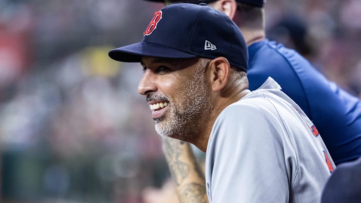 Sep 7, 2025; Phoenix, Arizona, USA; Boston Red Sox manager Alex Cora against the Arizona Diamondbacks at Chase Field. Mandatory Credit: Mark J. Rebilas-Imagn Images