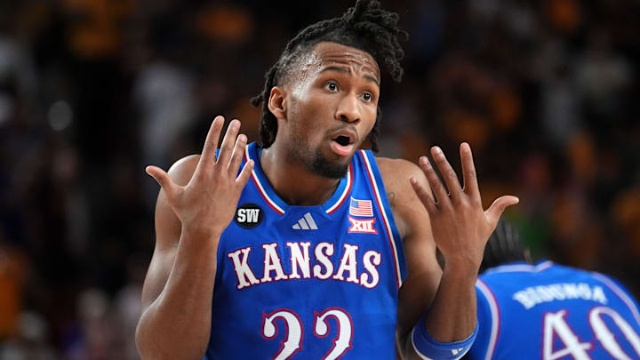 Kansas Jayhawks guard Darryn Peterson (22) looks to the referee after getting a foul called against him as they play the ASU Sun Devils at Desert Financial Arena in Tempe on March 3, 2026.