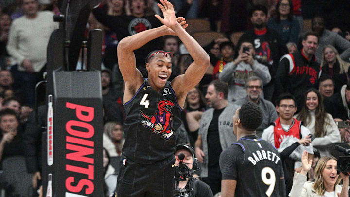Nov 21, 2024; Toronto, Ontario, CAN; Toronto Raptors forward Scottie Barnes (4) celebrates with forward RJ Barrett (9) after defeating the Minnesota Timberwolves at Scotiabank Arena. Mandatory Credit: Dan Hamilton-Imagn Images Nov 21, 2024; Toronto, Ontario, CAN; Toronto Raptors forward Scottie Barnes (4) celebrates with forward RJ Barrett (9) after defeating the Minnesota Timberwolves at Scotiabank Arena. Mandatory Credit: Dan Hamilton-Imagn Images