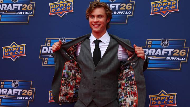 Jun 26, 2026; Buffalo, New York, USA; NHL prospect Gavin McKenna before the first round of the 2026 NHL Draft at KeyBank Center. Mandatory Credit: Timothy T. Ludwig-Imagn Images