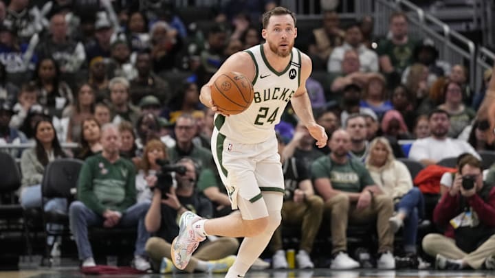 Mar 30, 2025; Milwaukee, Wisconsin, USA;  Milwaukee Bucks guard Pat Connaughton (24) during the game against the Atlanta Hawks at Fiserv Forum. Mandatory Credit: Jeff Hanisch-Imagn Images