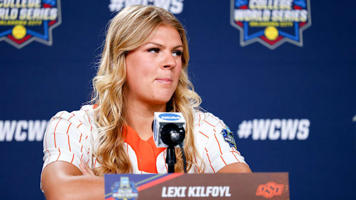 Oklahoma State’s Lexi Kilfoyl speaks to the press during the practice and media day for the Women's College World Series at Devon Park in Oklahoma City, on Wednesday, May 29, 2024.