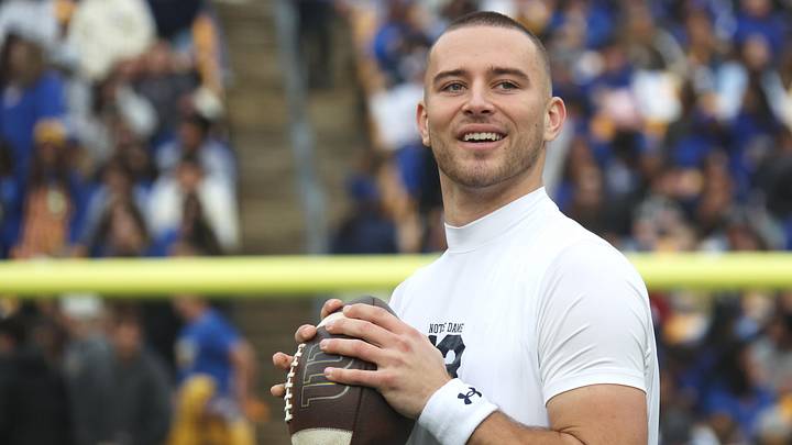 Nov 15, 2025; Pittsburgh, Pennsylvania, USA;  Notre Dame Fighting Irish quarterback CJ Carr (13) warms up before the game against the Pittsburgh Panthers at Acrisure Stadium. 