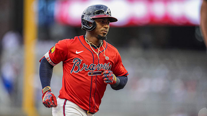 Jul 18, 2025; Cumberland, Georgia, USA; Atlanta Braves second baseman Ozzie Albies (1) reacts after hitting a three run home run against the New York Yankees during the third inning at Truist Park. Mandatory Credit: Dale Zanine-Imagn Images