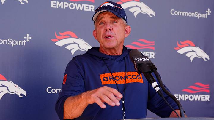 Jun 16, 2026; Englewood, CO, USA; Denver Broncos head coach Sean Payton speaks to the media following mini camp drills at Broncos Park. 