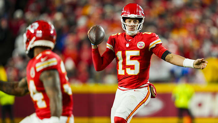 Dec 8, 2024; Kansas City, Missouri, USA; Kansas City Chiefs quarterback Patrick Mahomes (15) rolls out to pass during the second half against the Los Angeles Chargers at GEHA Field at Arrowhead Stadium. Mandatory Credit: Jay Biggerstaff-Imagn Images