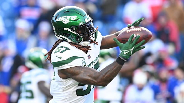 Nov 19, 2023; Orchard Park, New York, USA;New York Jets linebacker C.J. Mosley (57)  warms up before a game against the Buffalo Bills at Highmark Stadium.