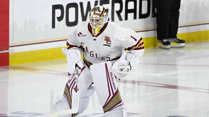 Feb 28, 2025; Chestnut Hill, MA, USA; Boston College goaltender Jacob Fowler (1) warms up before the game against New Hampshire at Conte Forum. Mandatory Credit: Eric Canha-Imagn Images