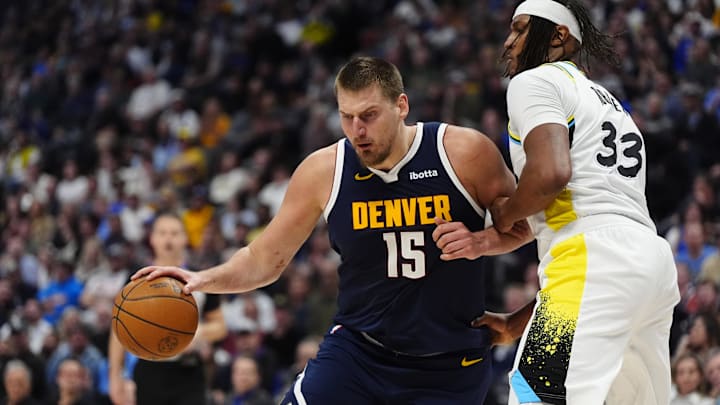Apr 6, 2025; Denver, Colorado, USA; Indiana Pacers center Myles Turner (33) defends on Denver Nuggets center Nikola Jokic (15) in the second half at Ball Arena. Mandatory Credit: Ron Chenoy-Imagn Images Apr 6, 2025; Denver, Colorado, USA; Indiana Pacers center Myles Turner (33) defends on Denver Nuggets center Nikola Jokic (15) in the second half at Ball Arena. Mandatory Credit: Ron Chenoy-Imagn Images