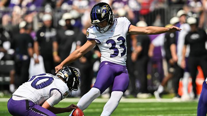 Aug 22, 2026; Minneapolis, Minnesota, USA; Baltimore Ravens place kicker Tyler Loop (33) kicks a field goal as punter Ryan Eckley (30) holds during the third quarter against the Minnesota Vikings at U.S. Bank Stadium. Mandatory Credit: Jeffrey Becker-Imagn Images Aug 22, 2026; Minneapolis, Minnesota, USA; Baltimore Ravens place kicker Tyler Loop (33) kicks a field goal as punter Ryan Eckley (30) holds during the third quarter against the Minnesota Vikings at U.S. Bank Stadium. Mandatory Credit: Jeffrey Becker-Imagn Images