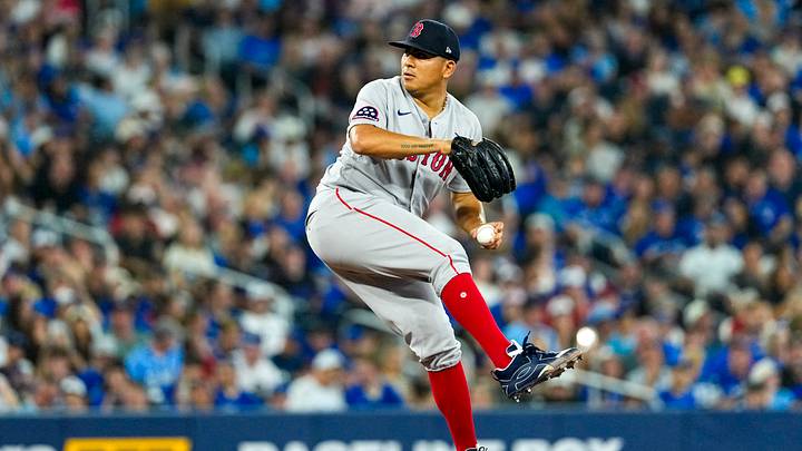 Aug 12, 2026; Toronto, Ontario, CAN; Boston Red Sox pitcher Ranger Suarez (55) pitches to the Toronto Blue Jays during the second inning at Rogers Centre. Mandatory Credit: Kevin Sousa-Imagn Images
