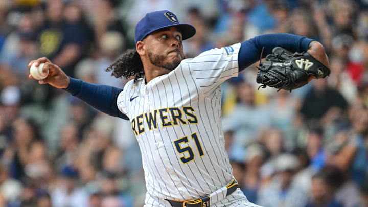 Jul 13, 2025; Milwaukee, Wisconsin, USA; Milwaukee Brewers starting pitcher Freddy Peralta (51) throws a pitch in the first inning against the Washington Nationals at American Family Field. Mandatory Credit: Benny Sieu-Imagn Images Jul 13, 2025; Milwaukee, Wisconsin, USA; Milwaukee Brewers starting pitcher Freddy Peralta (51) throws a pitch in the first inning against the Washington Nationals at American Family Field. Mandatory Credit: Benny Sieu-Imagn Images