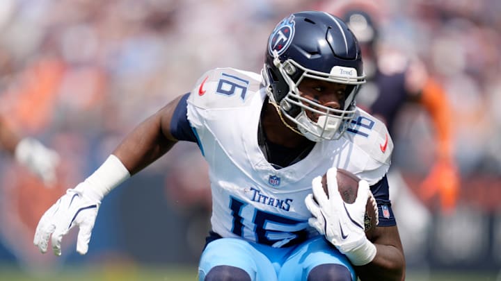 Tennessee Titans wide receiver Treylon Burks (16) runs against the Chicago Bears during the third quarter at Soldier Field in Chicago, Ill., Sunday, Sept. 8, 2024.