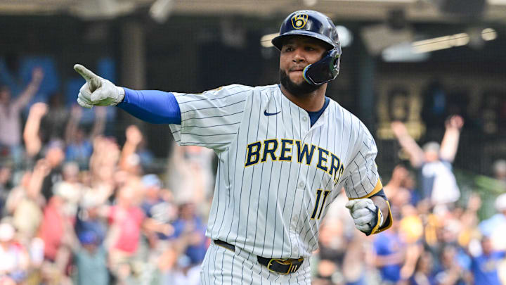 Jul 13, 2025; Milwaukee, Wisconsin, USA; Milwaukee Brewers center fielder Jackson Chourio (11) reacts after hitting a 3-run home run in the eighth inning against the Washington Nationals at American Family Field. Mandatory Credit: Benny Sieu-Imagn Images
