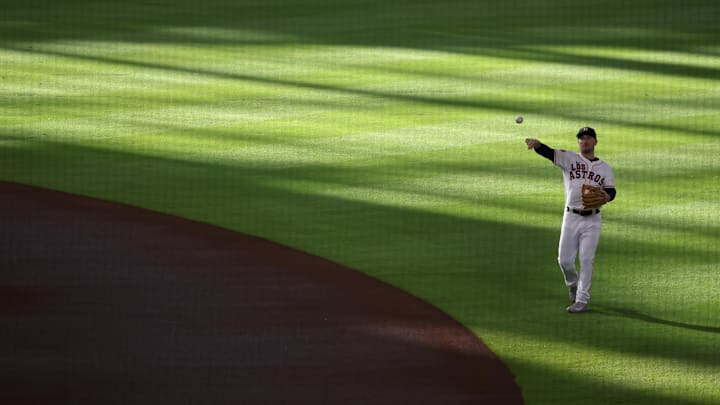 Sep 21, 2024; Houston, Texas, USA; Houston Astros third baseman Alex Bregman (2) warms up before playing against the Los Angeles Angels at Minute Maid Park. Mandatory Credit: Thomas Shea-Imagn Images