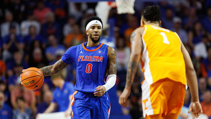 Florida Gators guard Boogie Fland (0) is one of three players with temporary jersey numbers.