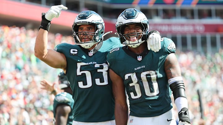 Sep 28, 2025; Tampa, Florida, USA; Philadelphia Eagles linebacker Jihaad Campbell (30) celebrates an interception with linebacker Zack Baun (53) during the second half against the Tampa Bay Buccaneers at Raymond James Stadium. Mandatory Credit: Kim Klement Neitzel-Imagn Images Sep 28, 2025; Tampa, Florida, USA; Philadelphia Eagles linebacker Jihaad Campbell (30) celebrates an interception with linebacker Zack Baun (53) during the second half against the Tampa Bay Buccaneers at Raymond James Stadium. Mandatory Credit: Kim Klement Neitzel-Imagn Images
