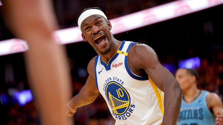 Apr 15, 2025; San Francisco, California, USA; Golden State Warriors forward Jimmy Butler III (10) looks for a foul call after a play against the Memphis Grizzlies in the third quarter at the Chase Center. Mandatory Credit: Cary Edmondson-Imagn Images