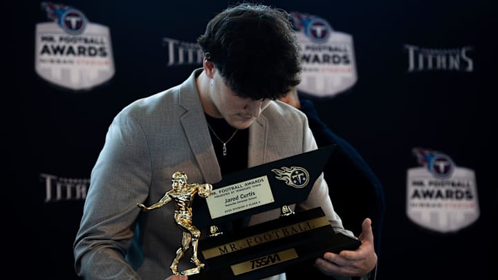 Division II- Class A, Jared Curtis, Nashville Christian School, is awarded Tennessee Titans Mr. Football 2025, during the Titans Mr. Football Awards at Nissan Stadium in Nashville, on Tuesday Dec, 9, 2025.