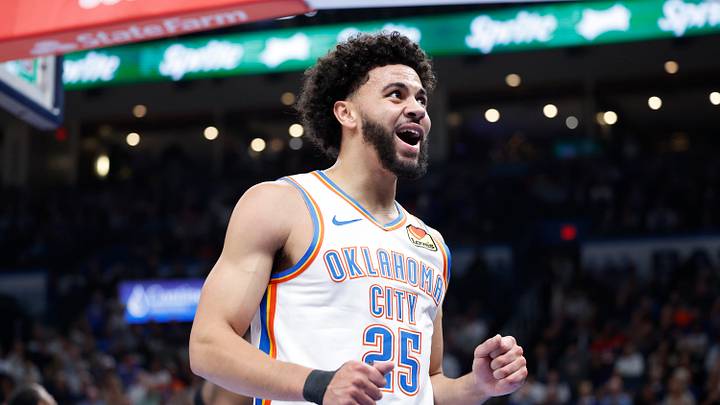 Oct 30, 2024; Oklahoma City, Oklahoma, USA; Oklahoma City Thunder guard Ajay Mitchell (25) reacts after a play against the San Antonio Spurs during the second quarter at Paycom Center. Mandatory Credit: Alonzo Adams-Imagn Images Oct 30, 2024; Oklahoma City, Oklahoma, USA; Oklahoma City Thunder guard Ajay Mitchell (25) reacts after a play against the San Antonio Spurs during the second quarter at Paycom Center. Mandatory Credit: Alonzo Adams-Imagn Images