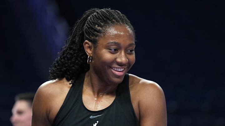 Aug 31, 2025; San Francisco, California, USA; Indiana Fever forward Aliyah Boston (7) before the game against the Golden State Valkyries at Chase Center. Mandatory Credit: Darren Yamashita-Imagn Images
