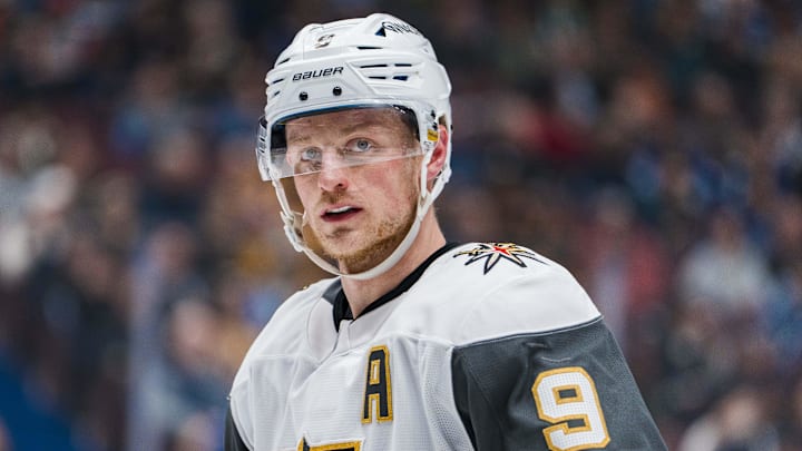 Apr 6, 2025; Vancouver, British Columbia, CAN; Vegas Golden Knights forward Jack Eichel (9) during a stop in play against the Vegas Golden Knights in the third period at Rogers Arena. Mandatory Credit: Bob Frid-Imagn Images