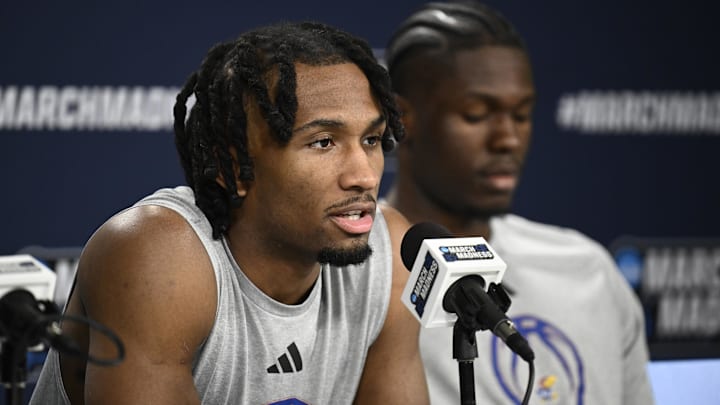 Mar 19, 2026; San Diego, CA, USA; Kansas Jayhawks guard Darryn Peterson (22) speaks at a news conference ahead of the first round of the men's 2026 NCAA Tournament at Viejas Arena. Mandatory Credit: Denis Poroy-Imagn Images Mar 19, 2026; San Diego, CA, USA; Kansas Jayhawks guard Darryn Peterson (22) speaks at a news conference ahead of the first round of the men's 2026 NCAA Tournament at Viejas Arena. Mandatory Credit: Denis Poroy-Imagn Images