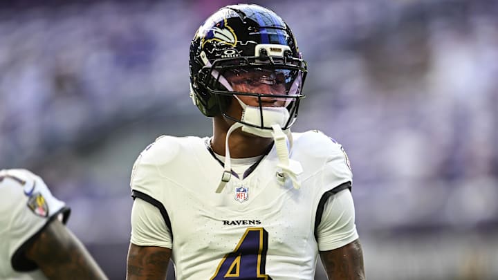 Nov 9, 2025; Minneapolis, Minnesota, USA; Baltimore Ravens wide receiver Zay Flowers (4) looks on before the game against the Minnesota Vikings at U.S. Bank Stadium. Mandatory Credit: Jeffrey Becker-Imagn Images