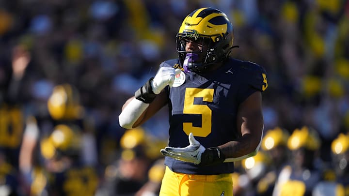 Michigan Wolverines DE Josaiah Stewart reacts during the first half against the Alabama Crimson Tide in the 2024 Rose Bowl.