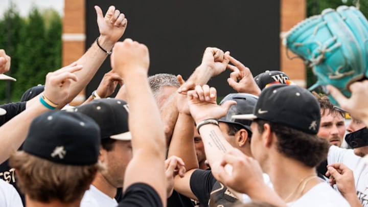 Wake Forest baseball comes together to break down following a practice. Wake Forest baseball comes together to break down following a practice.