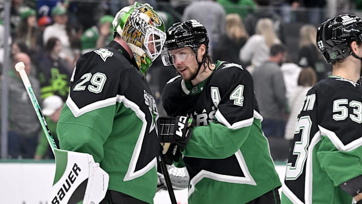 Dec 21, 2025; Dallas, Texas, USA; Dallas Stars goaltender Jake Oettinger (29) and defenseman Miro Heiskanen (4) celebrate the victory over the Toronto Maple Leafs at the American Airlines Center. Mandatory Credit: Jerome Miron-Imagn Images Dec 21, 2025; Dallas, Texas, USA; Dallas Stars goaltender Jake Oettinger (29) and defenseman Miro Heiskanen (4) celebrate the victory over the Toronto Maple Leafs at the American Airlines Center. Mandatory Credit: Jerome Miron-Imagn Images