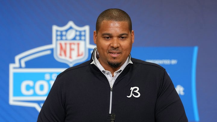 Chicago Bears general manager Ryan Poles speaks at the NFL Scouting Combine.