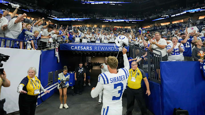 Indianapolis Colts place kicker Spencer Shrader (3) leaves the field Sunday, Sept. 14, 2025, after winning a game against the Denver Broncos at Lucas Oil Stadium in Indianapolis. Indianapolis Colts place kicker Spencer Shrader (3) leaves the field Sunday, Sept. 14, 2025, after winning a game against the Denver Broncos at Lucas Oil Stadium in Indianapolis.