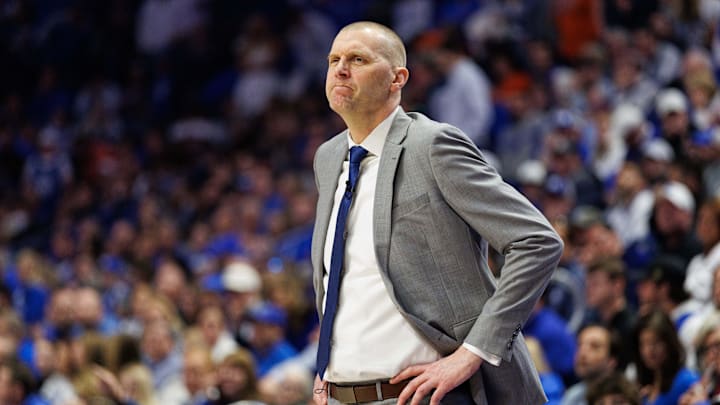 Mar 1, 2025; Lexington, Kentucky, USA; Kentucky Wildcats head coach Mark Pope looks on during the first half against the Auburn Tigers at Rupp Arena at Central Bank Center. Mandatory Credit: Jordan Prather-Imagn Images