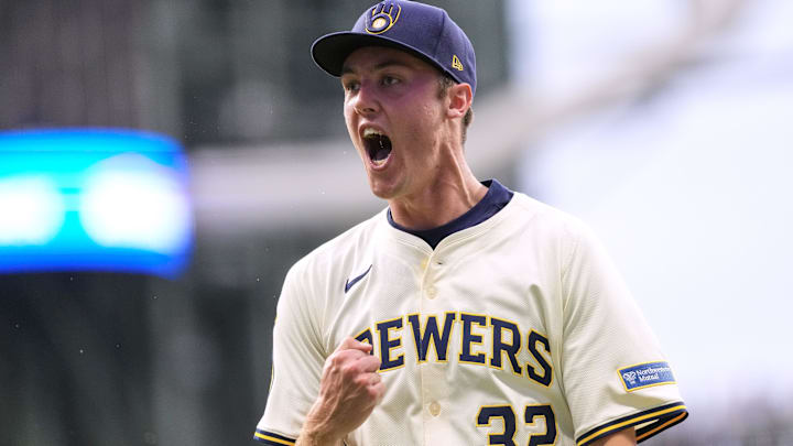 Jul 8, 2025; Milwaukee, Wisconsin, USA;  Milwaukee Brewers pitcher Jacob Misiorowski (32) reacts after earning the final out of the sixth inning against the Los Angeles Dodgers at American Family Field. Mandatory Credit: Jeff Hanisch-Imagn Images