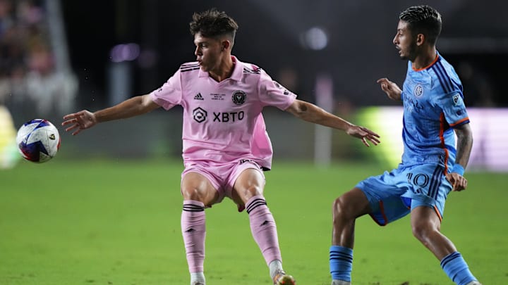 Inter Miami's Noah Allen looks to control the ball against New York City FC in a postseason friendly match.
