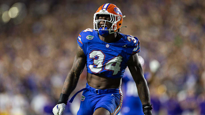 Nov 16, 2024; Gainesville, Florida, USA; Florida Gators defensive end George Gumbs Jr. (34) reacts after a sack on the quarterback against the LSU Tigers during the second half at Ben Hill Griffin Stadium. Mandatory Credit: Matt Pendleton-Imagn Images