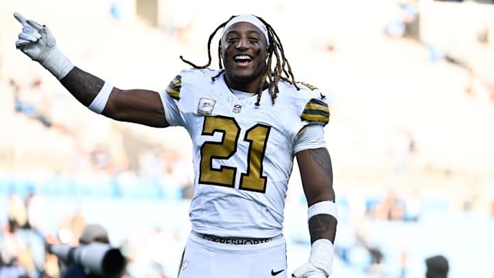 Nov 9, 2025; Charlotte, North Carolina, USA; New Orleans Saints safety Justin Reid (21) celebrates after the game against the Carolina Panthers at Bank of America Stadium. Mandatory Credit: Bob Donnan-Imagn Images Nov 9, 2025; Charlotte, North Carolina, USA; New Orleans Saints safety Justin Reid (21) celebrates after the game against the Carolina Panthers at Bank of America Stadium. Mandatory Credit: Bob Donnan-Imagn Images