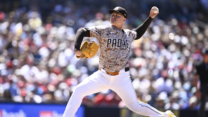 Jul 13, 2025; San Diego, California, USA; San Diego Padres relief pitcher Adrian Morejon (50) delivers during the seventh inning against the Philadelphia Phillies at Petco Park. Mandatory Credit: Denis Poroy-Imagn Images Jul 13, 2025; San Diego, California, USA; San Diego Padres relief pitcher Adrian Morejon (50) delivers during the seventh inning against the Philadelphia Phillies at Petco Park. Mandatory Credit: Denis Poroy-Imagn Images