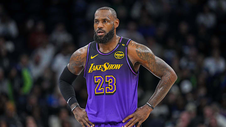 Dec 2, 2024; Minneapolis, Minnesota, USA; Los Angeles Lakers forward LeBron James (23) against the Minnesota Timberwolves in the first quarter at Target Center.