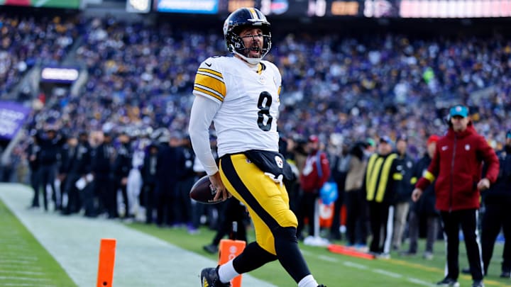 Dec 7, 2025; Baltimore, Maryland, USA; Pittsburgh Steelers quarterback Aaron Rodgers (8) reacts after scoring a touchdown against the Baltimore Ravens during the first half at M&T Bank Stadium. Mandatory Credit: Peter Casey-Imagn Images