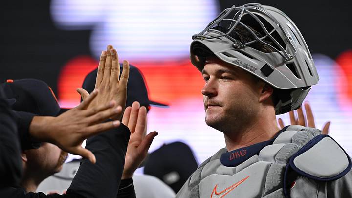 Detroit Tigers catcher Dillon Dingler (13) celebrates with teammates. 