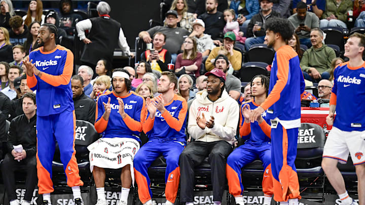 Nov 23, 2024; Salt Lake City, Utah, USA; The New York Knicks bench reacts after a basket against the Utah Jazz during the first half at the Delta Center. Mandatory Credit: Christopher Creveling-Imagn Images