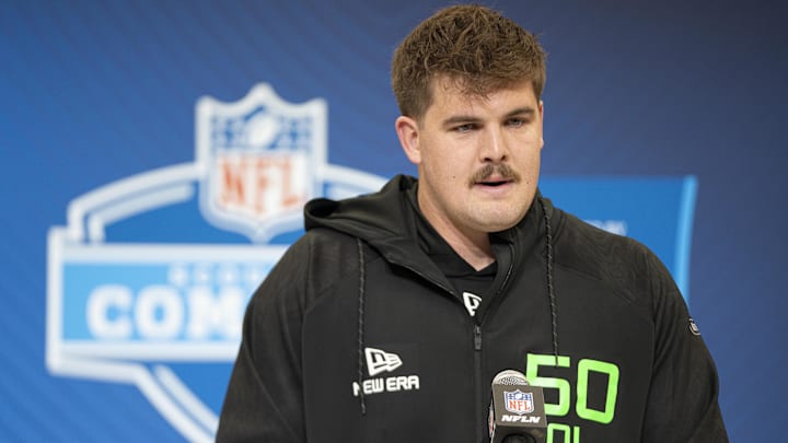 Grey Zabel of North Dakota St., a tackle who could play guard or center, answers media questions at the NFL Scouting Combine.