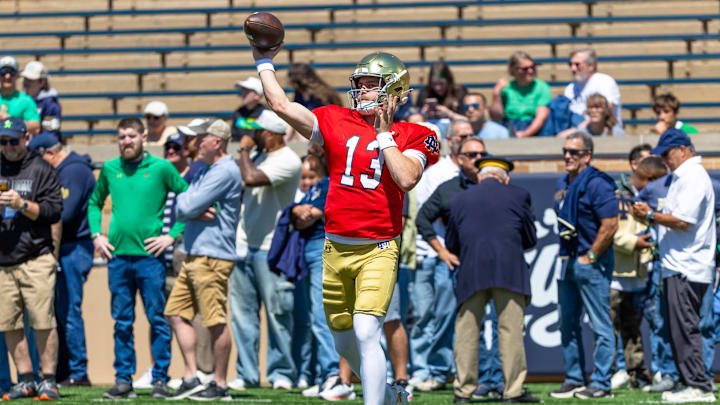 Apr 25, 2026; Notre Dame, IN, USA; Notre Dame Fighting Irish quarterback CJ Carr (13) warms up before the Blue-Gold game at Notre Dame Stadium. Mandatory Credit: Michael Caterina-Imagn Images