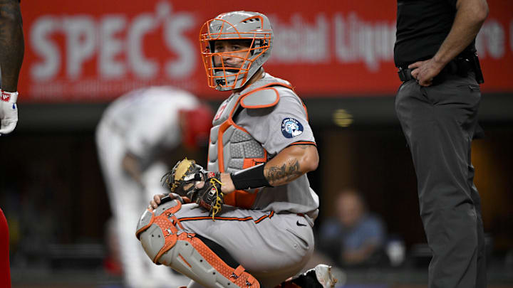 Jun 30, 2025; Arlington, Texas, USA; Baltimore Orioles catche Gary Sanchez (99) replaces Baltimore Orioles catcher Chadwick Tromp (not pictured) during the third inning at Globe Life Field. Mandatory Credit: Jerome Miron-Imagn Images