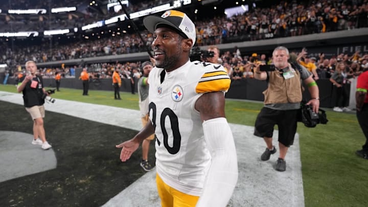Sep 24, 2023; Paradise, Nevada, USA; Pittsburgh Steelers cornerback Patrick Peterson (20) celebrates after the game against the Las Vegas Raiders at Allegiant Stadium. Mandatory Credit: Kirby Lee-Imagn Images
