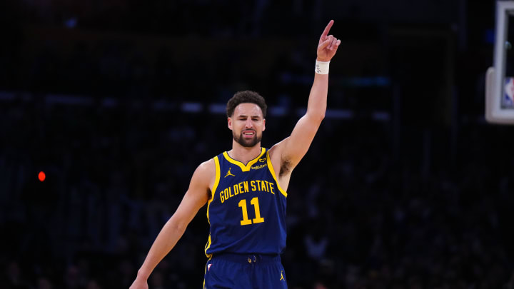 Apr 9, 2024; Los Angeles, California, USA; Golden State Warriors guard Klay Thompson (11) celebrates after a three-point shot against the Los Angeles Lakers in the second half at Crypto.com Arena. Mandatory Credit: Kirby Lee-USA TODAY Sports Apr 9, 2024; Los Angeles, California, USA; Golden State Warriors guard Klay Thompson (11) celebrates after a three-point shot against the Los Angeles Lakers in the second half at Crypto.com Arena. Mandatory Credit: Kirby Lee-USA TODAY Sports