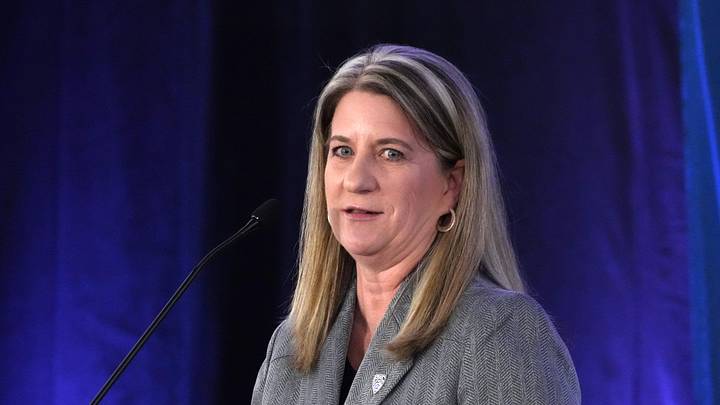 Oct 25, 2022; San Francisco, CA, USA; Deputy commissioner Teresa Gould speaks during Pac-12 Women's Basketball Media Day at the Pac-12 Network Studios. Mandatory Credit: Kirby Lee-Imagn Images Oct 25, 2022; San Francisco, CA, USA; Deputy commissioner Teresa Gould speaks during Pac-12 Women's Basketball Media Day at the Pac-12 Network Studios. Mandatory Credit: Kirby Lee-Imagn Images